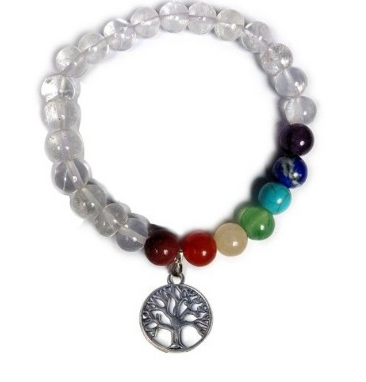 Energy Healing Clear Quartz Bracelet with 7 chakra stones and Tree of life hanging